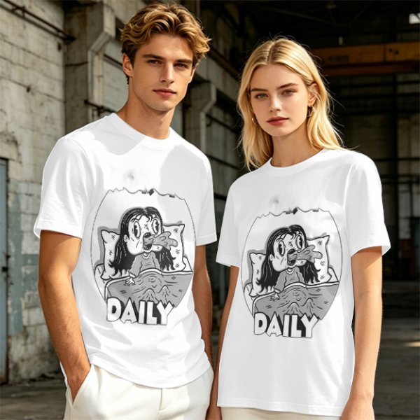 Olive green graphic t-shirt with bedridden cartoon girl and 'DAILY' text
