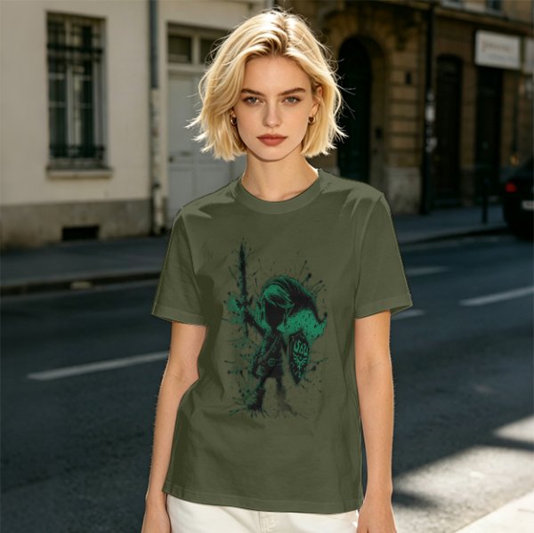 Olive Green T-Shirt With Legendary Hero Ink Splatter Art