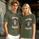 Olive green graphic t-shirt with 'cats were never from earth' alien and cat print