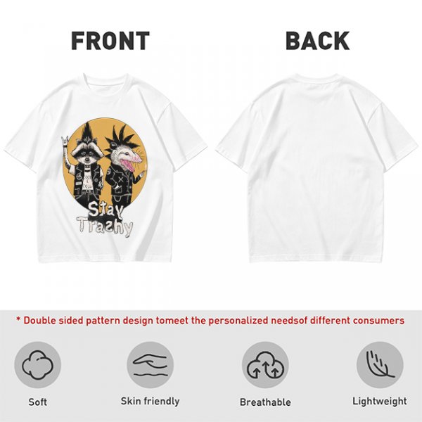 Olive graphic tee with punk raccoon and opossum 'Stay Trashy' print