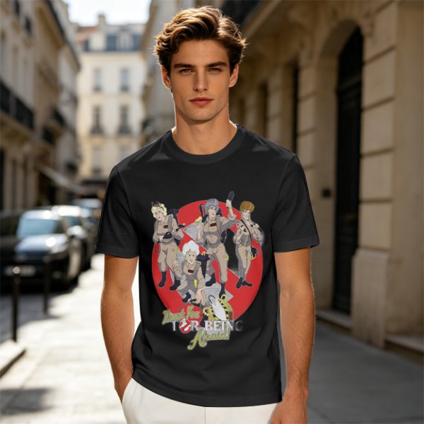 Olive T-shirt with Ghostbusters parody female character graphic print