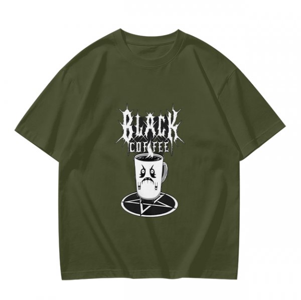 Olive t-shirt with Black Coffee gothic angry cup pentagram print