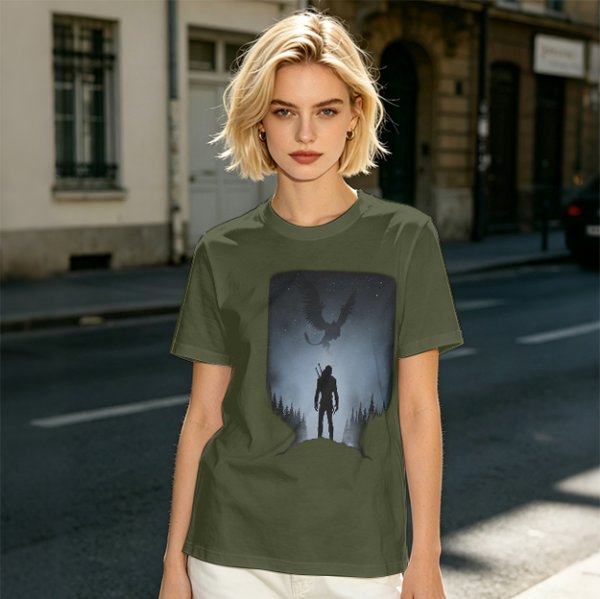 Olive T-Shirt With Dark Fantasy Silhouette Print Of Warrior And Winged Beast