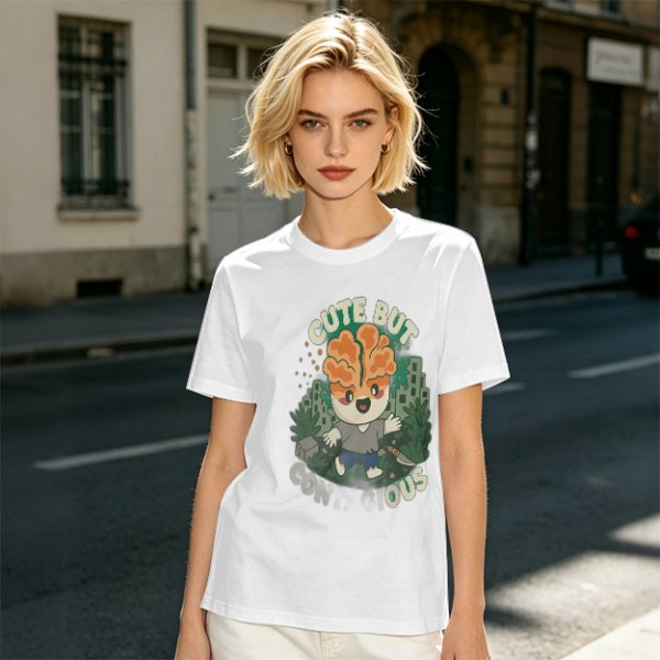 Olive t-shirt with cute brain character and 'Cute But Ous' print