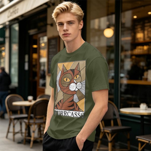 Olive green t-shirt with cubist style cat print and Purrcasso text