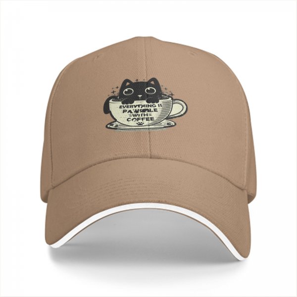 Black Baseball Cap With Cat In Coffee Cup 'Everything Is Pawsible With Coffee' Print
