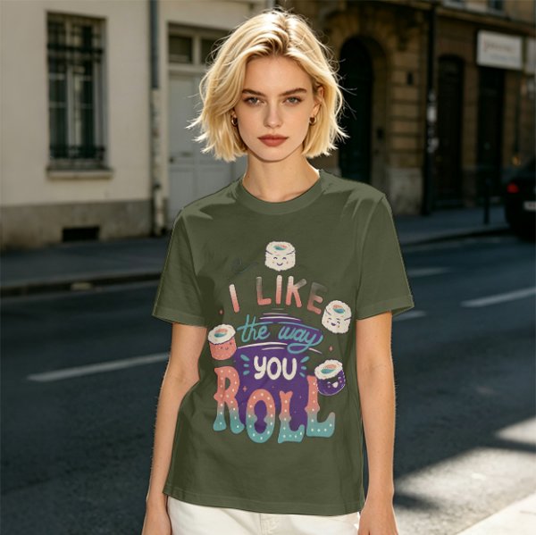 Olive T-Shirt With Cute Sushi Graphic and 'I Like The Way You Roll' Text