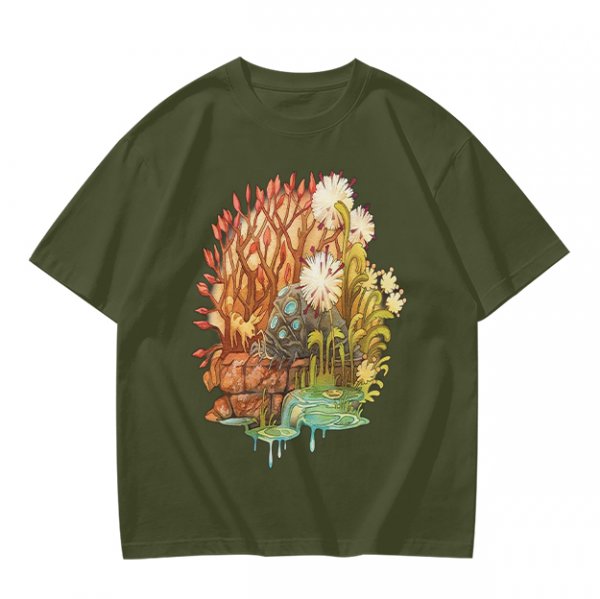 Olive Green T-Shirt with Whimsical Nature Floral and Rock Art Print