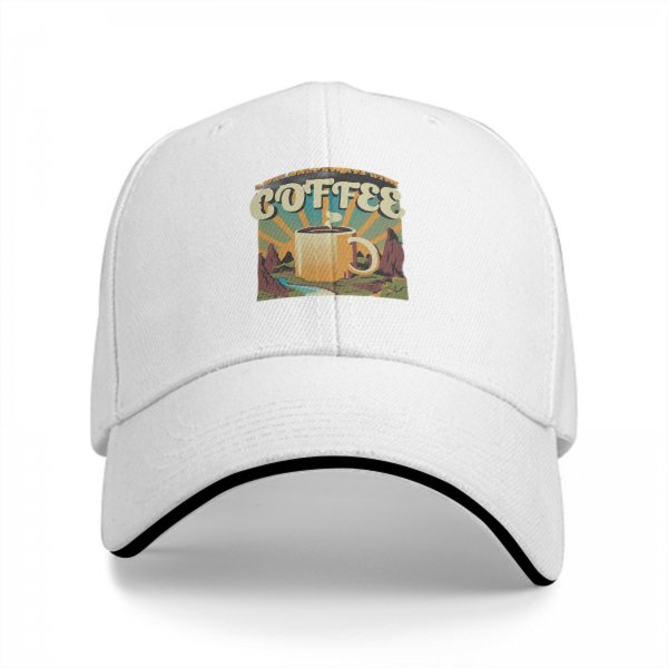 Black Baseball Cap With Coffee And Mountain Sunrise Graphic