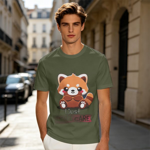 Olive T-Shirt with Cute Red Panda and I Just Don't Care Print