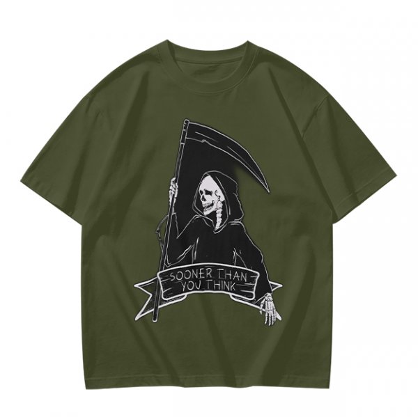 Olive Grim Reaper Graphic T-Shirt With Sooner Than You Think Text