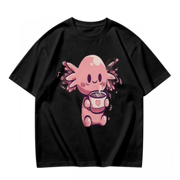 Olive T-Shirt With Cute Axolotl Holding Hot Drink Print