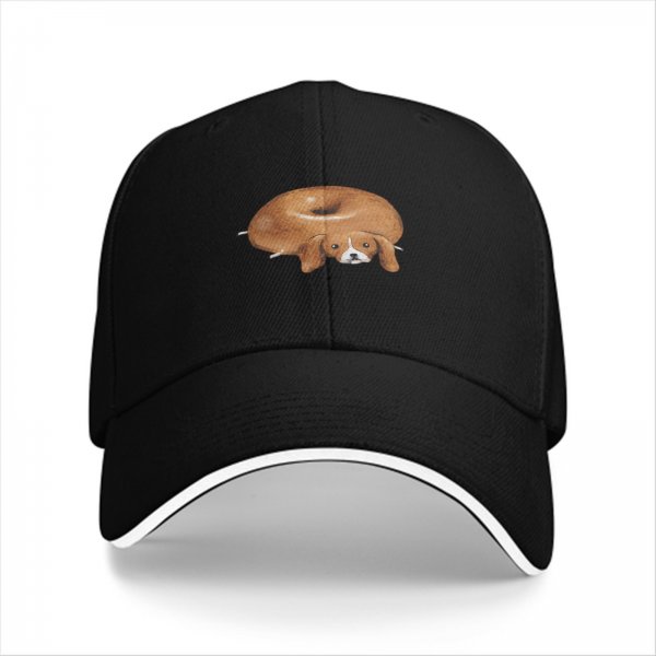 Black Baseball Cap With Funny Donut Shaped Beagle Dog Print