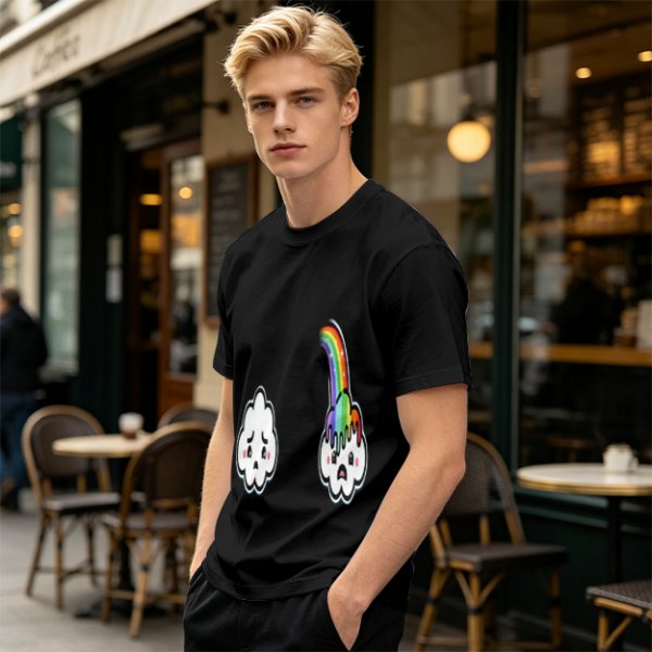 Oversized Olive T-Shirt With Sad Clouds And Rainbow Drip Graphic