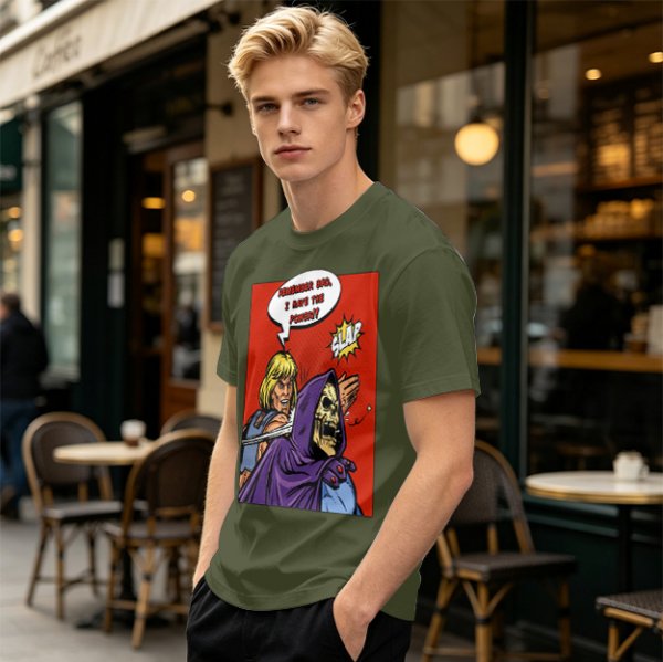 Olive T-shirt with He-Man slapping Skeletor comic print