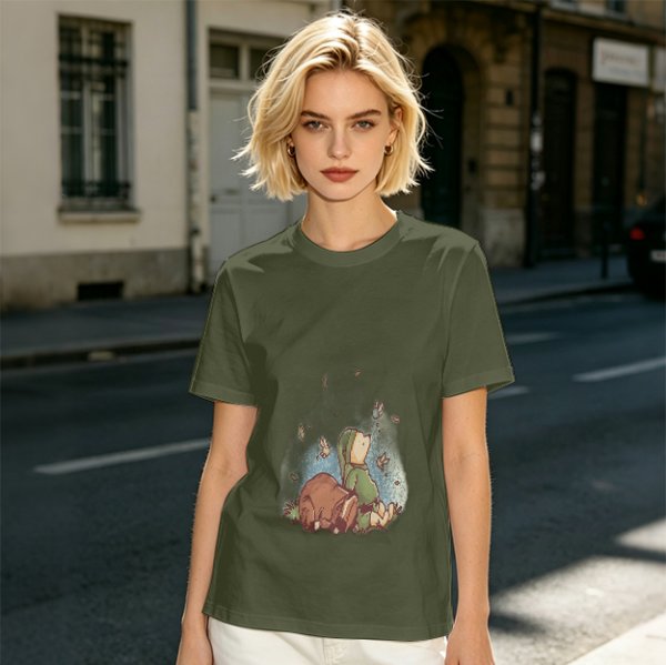 Olive green t-shirt with whimsical elf and dog artwork