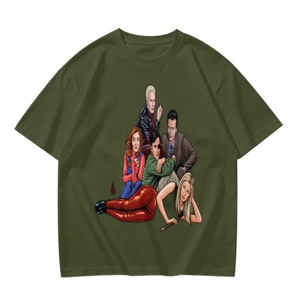 Olive Green T-Shirt with Buffy The Vampire Slayer Character Art Print
