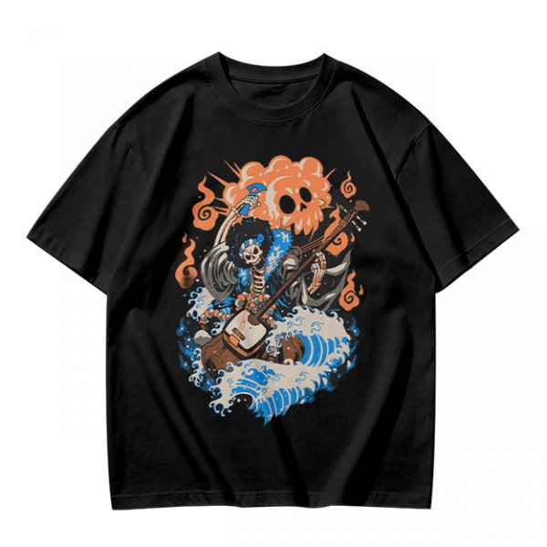Olive T-shirt with Skeleton Musician Playing Guitar Over Ocean Waves