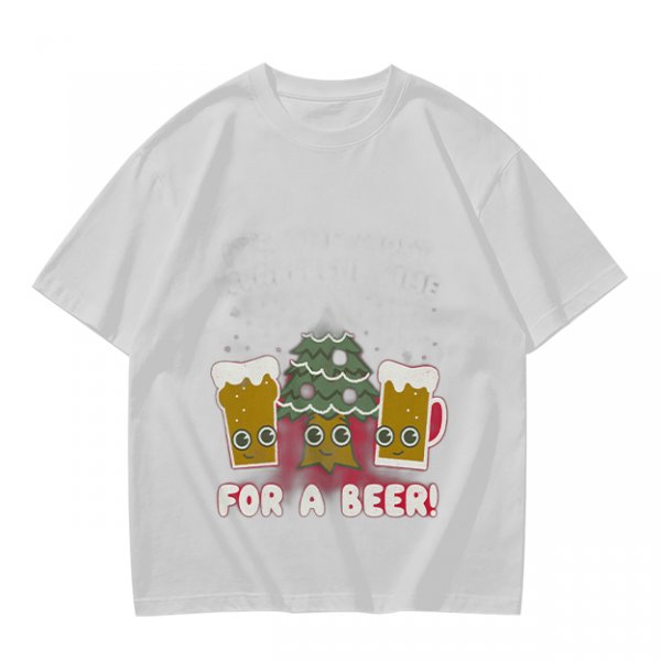 Olive green Christmas beer graphic t-shirt with 'FOR A BEER!' text