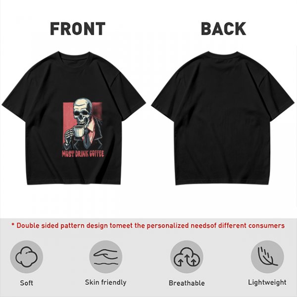 Olive T-shirt with Skeleton Drinking Coffee Must Drink Coffee Print