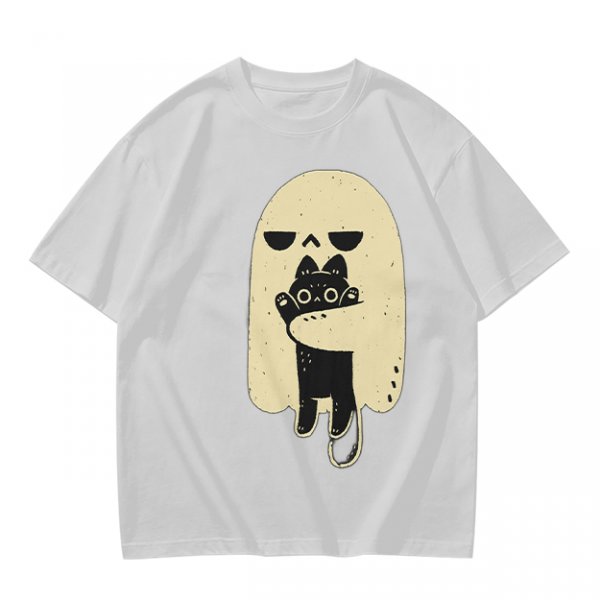 Olive T-Shirt With Ghost Holding Black Cat Graphic