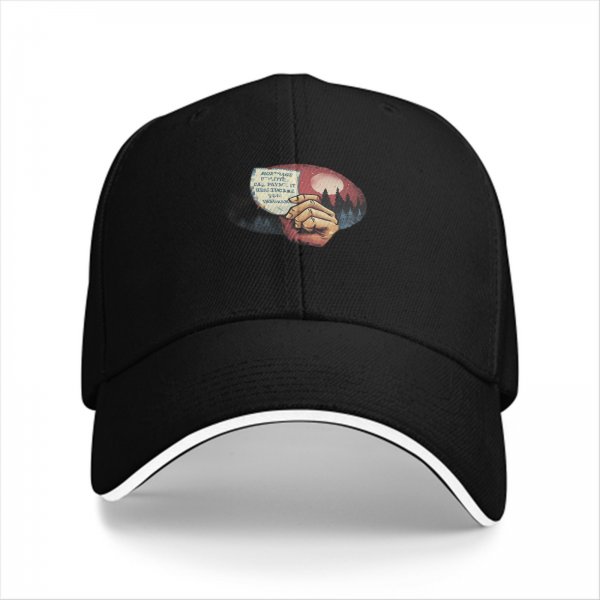 Black baseball cap with hand holding paper over red moon forest print