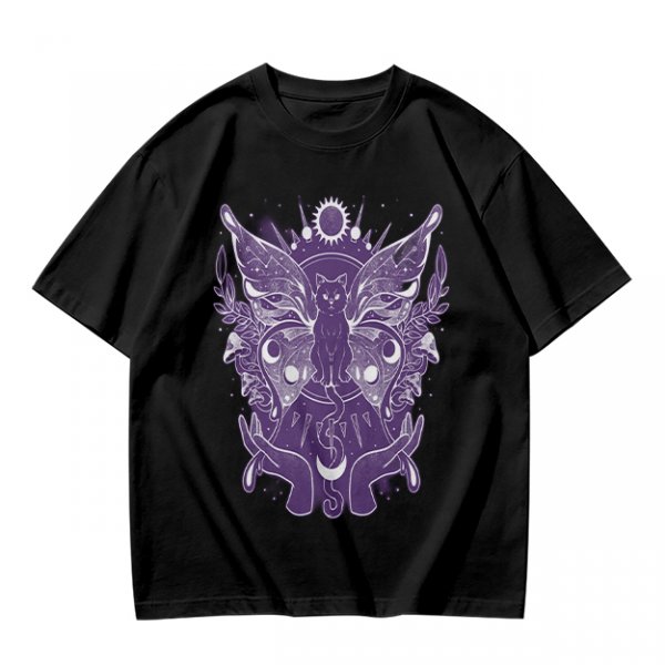 Olive T-Shirt with Celestial Cat Moth and Mystical Hands Print