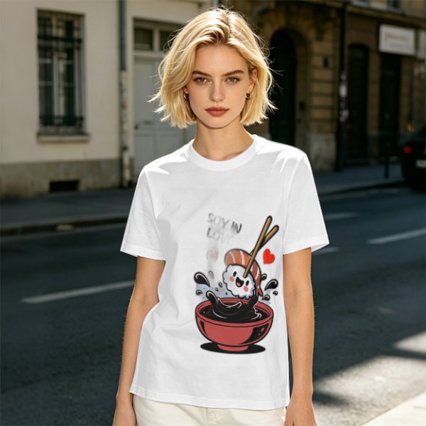 Olive T-shirt with Cute Sushi Dipping in Soy Sauce Graphic