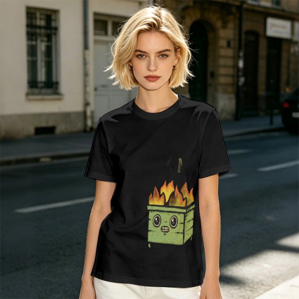 Olive Green T-Shirt With Cartoon Burning Dumpster Graphic