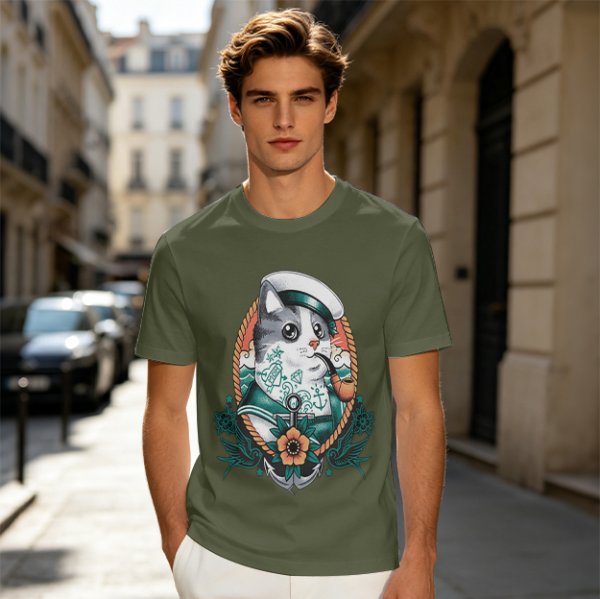 Olive T-Shirt With Sailor Cat Tattooed Pipe Design