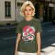 Olive T-shirt with stylized white dragon and red circular graphic print