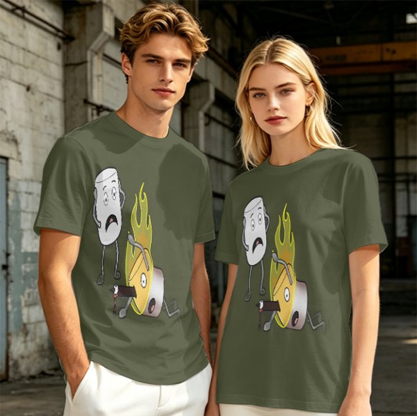 Olive T-Shirt With Cartoon Marshmallow and Burning Character Print
