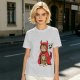 Olive T-shirt with a tabby cat in a devil hood and skull cat graphic