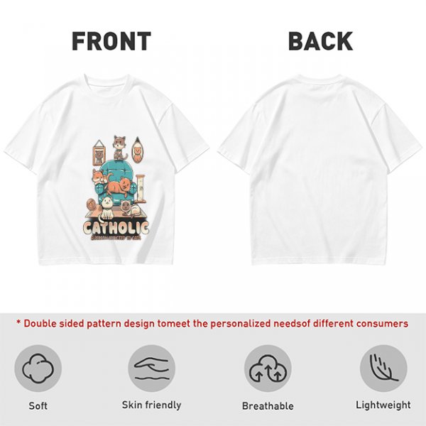 Olive T-Shirt With Funny Cat Graphic 'Catholic' Print