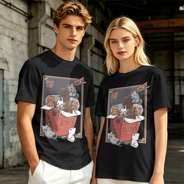 Olive t-shirt with playful kittens in takeout noodle box graphic