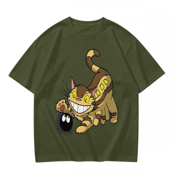 Olive T-shirt with Catbus and Soot Sprite Anime Print