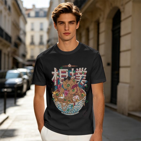 Olive T-shirt with Sumo Wrestler in Ramen Bowl Artwork