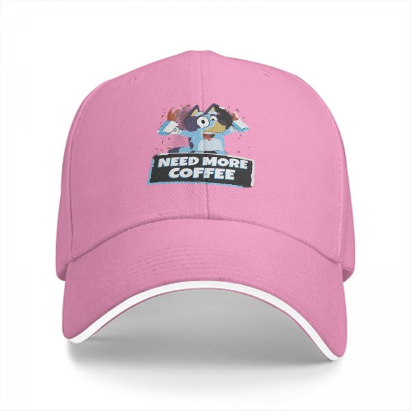 Black baseball cap with Bluey graphic and 'Need More Coffee' text