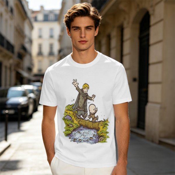 Olive T-shirt with fantasy characters balancing on a log over a stream