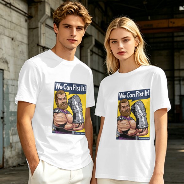 Olive graphic t-shirt with We Can Fist It! armored warrior print