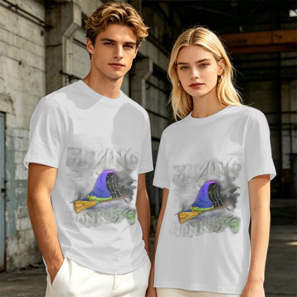 Olive T-Shirt with Witch Hat and Broom Halloween Graphic