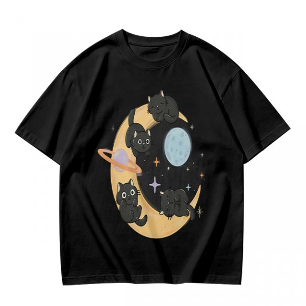 Olive T-Shirt With Black Cats On Crescent Moon Space Print