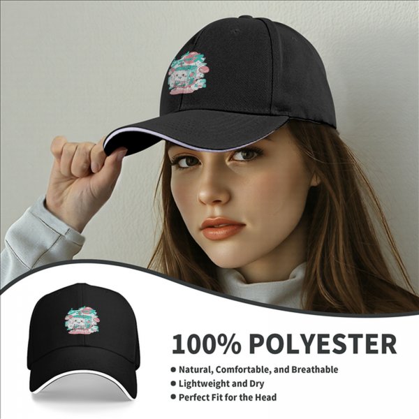 Black Baseball Cap with Cute Cartoon Juice Box Character Print