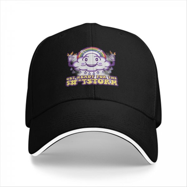 Black baseball cap with funny cloud rainbow storm graphic