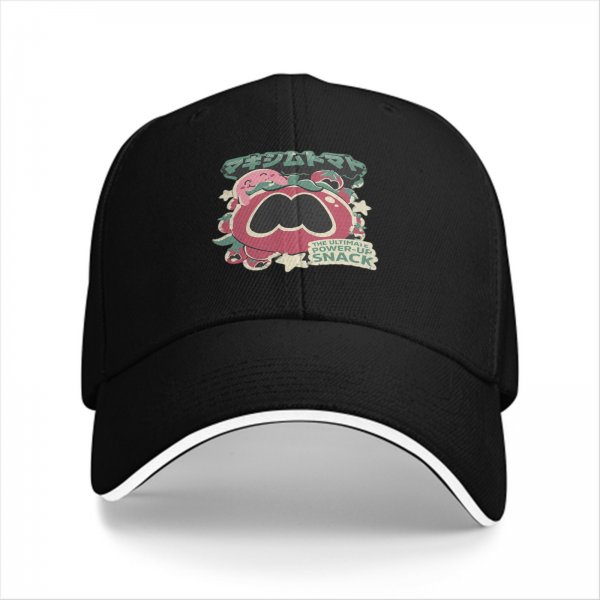 Black baseball cap with tomato power-up snack graphic