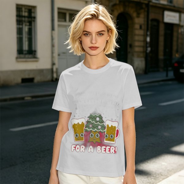 Olive green Christmas beer graphic t-shirt with 'FOR A BEER!' text