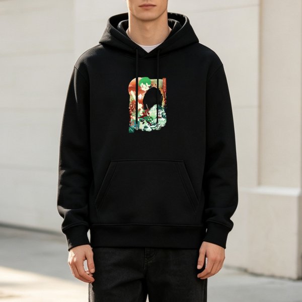Black hoodie with anime samurai graphic print
