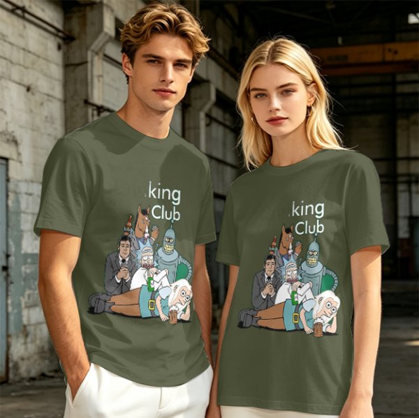 Olive T-Shirt Featuring 'king Club' and Animated Characters Print