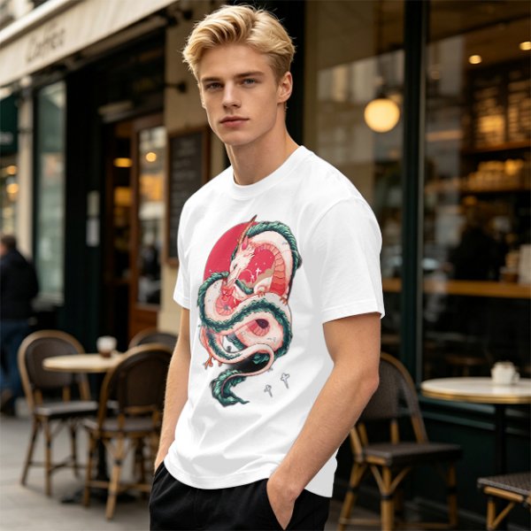 Olive T-shirt with stylized white dragon and red circular graphic print