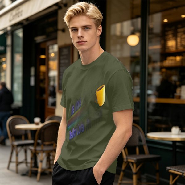 Olive Graphic T-Shirt With Coffee Mug And Rainbow Design